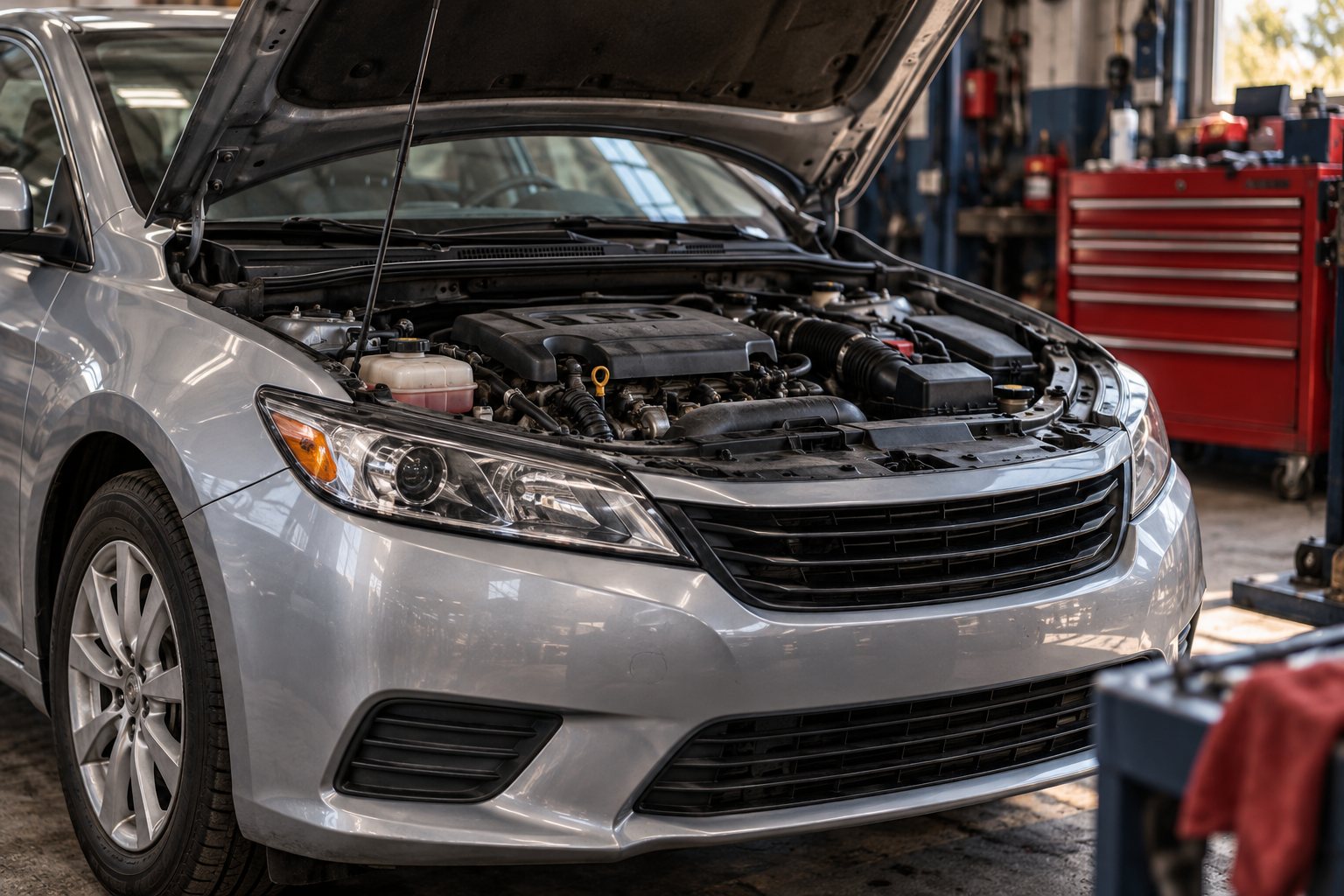 Illustrative silver sedan with its hood open for service